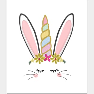 Cute Easter bunny unicorn vector with flowers Posters and Art